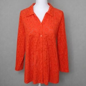 Atelier Nicole Miller Orange Floral Eyelet Boho Tunic Top Casual Beach Coverup